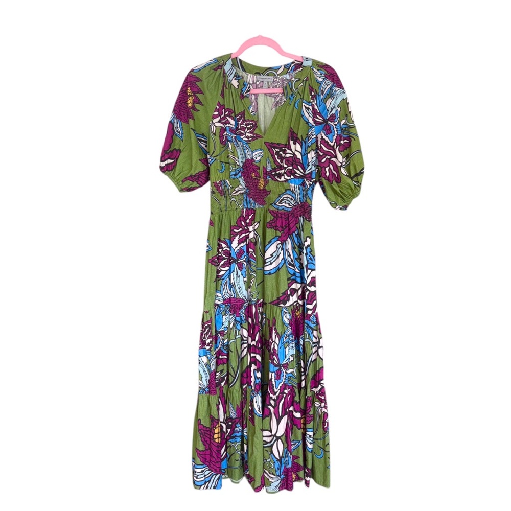 Green Floral Midi Dress with Puff Sleeves - Picture 15 of 16